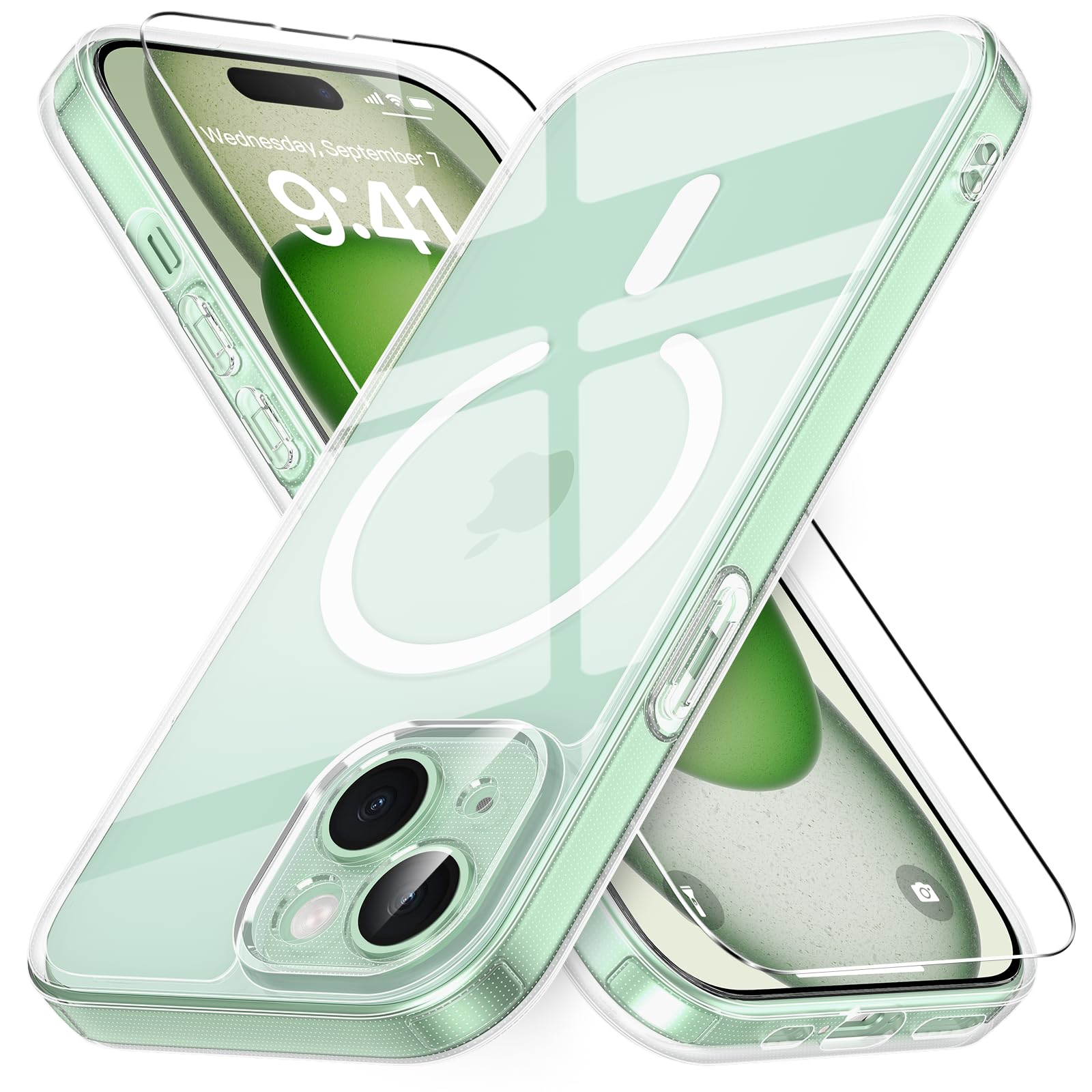 Vansdon Cover Magnetica per iPhone 15 con 1 Pezzi Vetro Temperato, Compatibile con Magsafe, Protezione anticaduta di livello militare, Custodia Traslucida Opaca Sottile Antiurto-Transparent