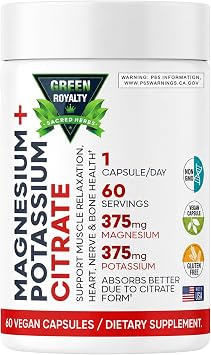 Magnesium Citrate + Potassium 60 Premium Vegan CapsulesCitrate 375 mg + 375mg Potassium Non GMO, Gluten Free - High Absorption Supplement Made in USA