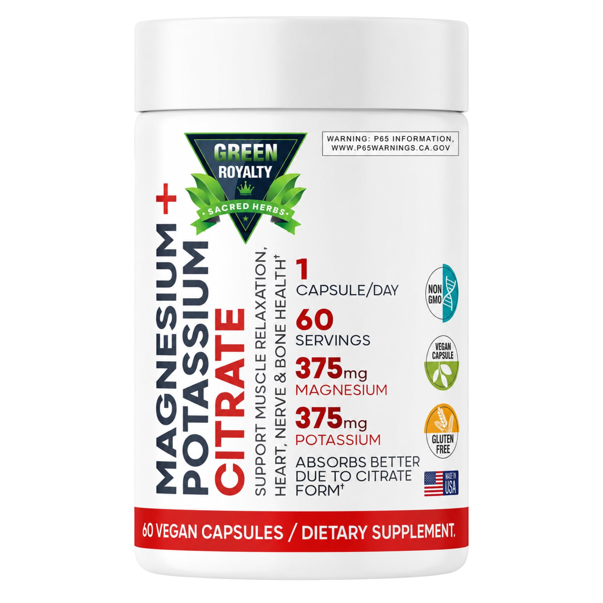 Magnesium Citrate + Potassium 60 Premium Vegan Capsules(Citrate 375 mg) + (375mg Potassium) Non GMO, Gluten Free - High Absorption Supplement Made in USA