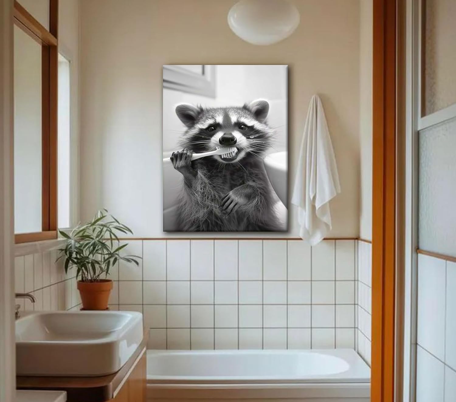 2 Pcs Funny Raccoon Bathroom Canvas Wall Art Black and White Cute Animal Poster Prints Brushing Teeth and Shower Wall Decor for Bathroom Laundry Room Kids Room 12x16 Inch Ready to Hang