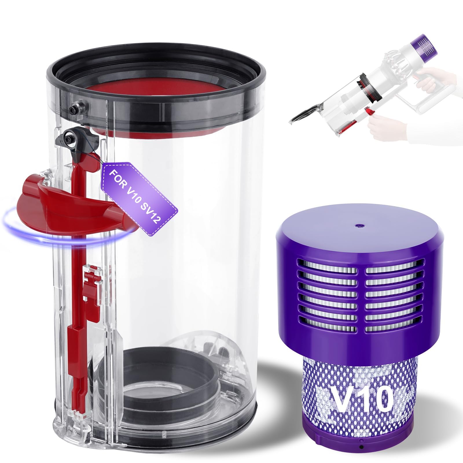 mikuankuan Upgraded Large Dust Bin Replacement for Dyson Cyclone V10 Animal,V10 Total Clean,V10 Absolute,V10 Animal,SV12 Vacuum Canister Bin for Part No.969509-01 with 1 HEPA Filter