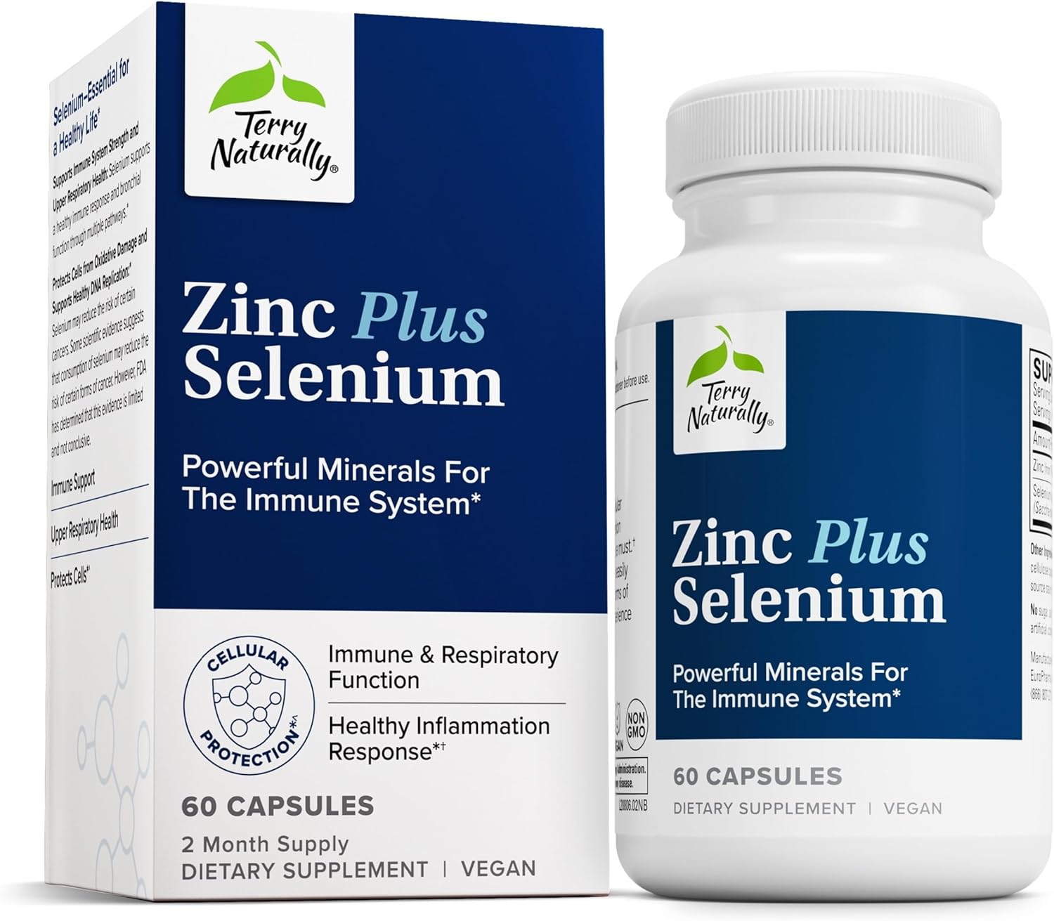 Terry Naturally Zinc Plus Selenium – Immune & Respiratory Health Supplement – Mineral Supplement with Zinc Bisglycinate Chelate – Formula with Selenium for Cellular Health Support – 60 Capsules