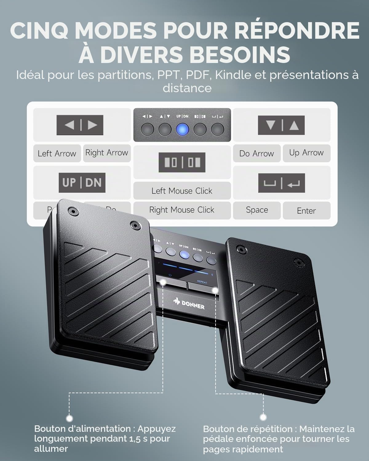 Donner Wireless Page Turner Pedal, Pédale sans fil Bluetooth pour iPad, tablettes et téléphones, pédale au pied, noire