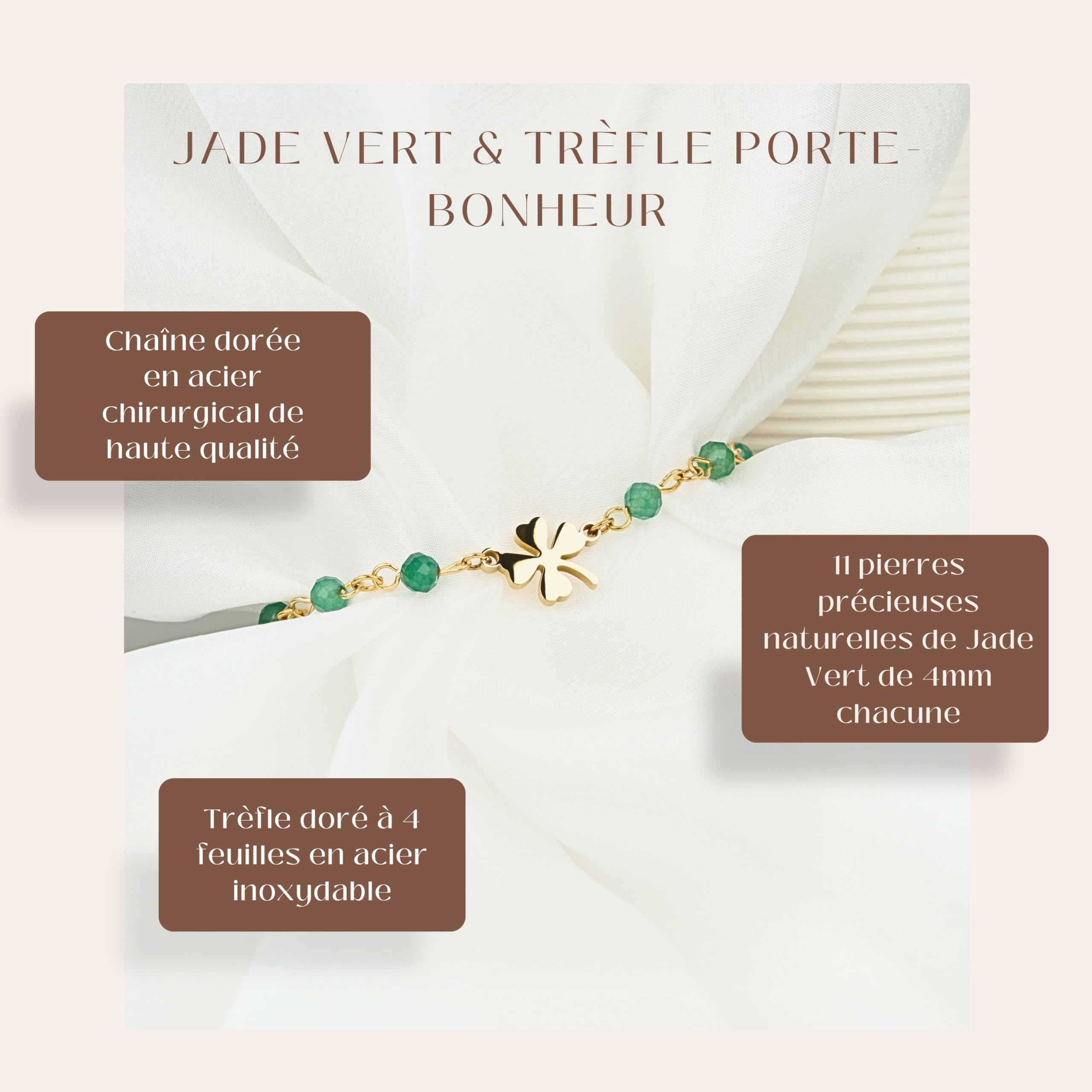 TILOVE - Bracelet Femme en Pierre Naturelle – Pierre de Lithothérapie, Chakra et Bien-Être – Trèfle Porte-Bonheur en Acier Inoxydable – Conçu en France – Idée Cadeau Fête des Mères