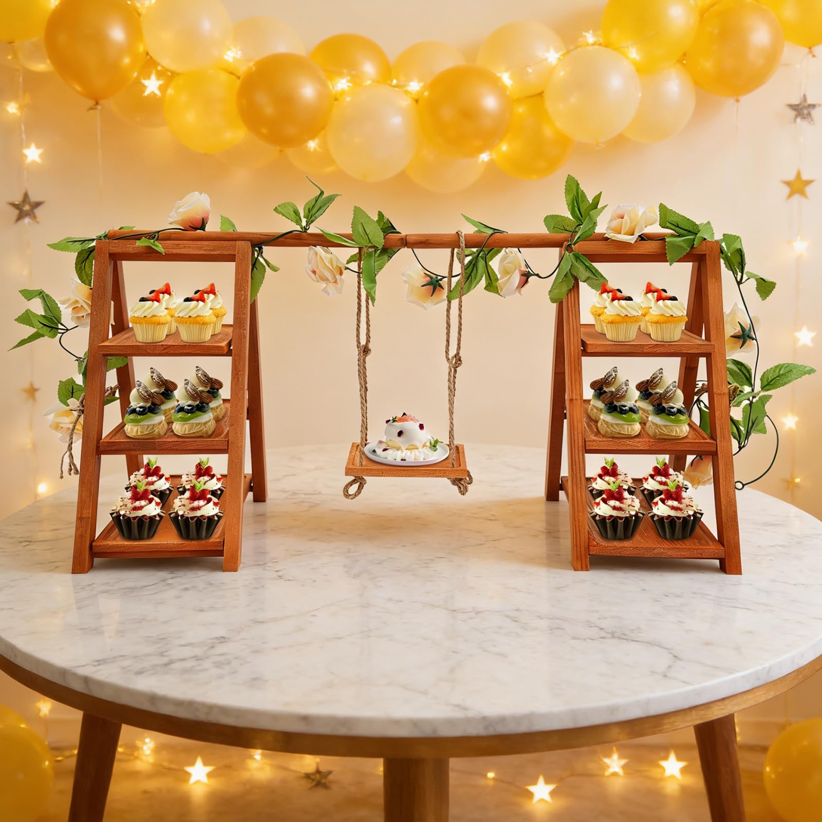 Soporte de madera para cupcakes de 3 niveles, para postres, tartas, aperitivos, con columpio y decoración de flores, escalera plegable para servir cumpleaños, fiestas de té, bodas y decoración