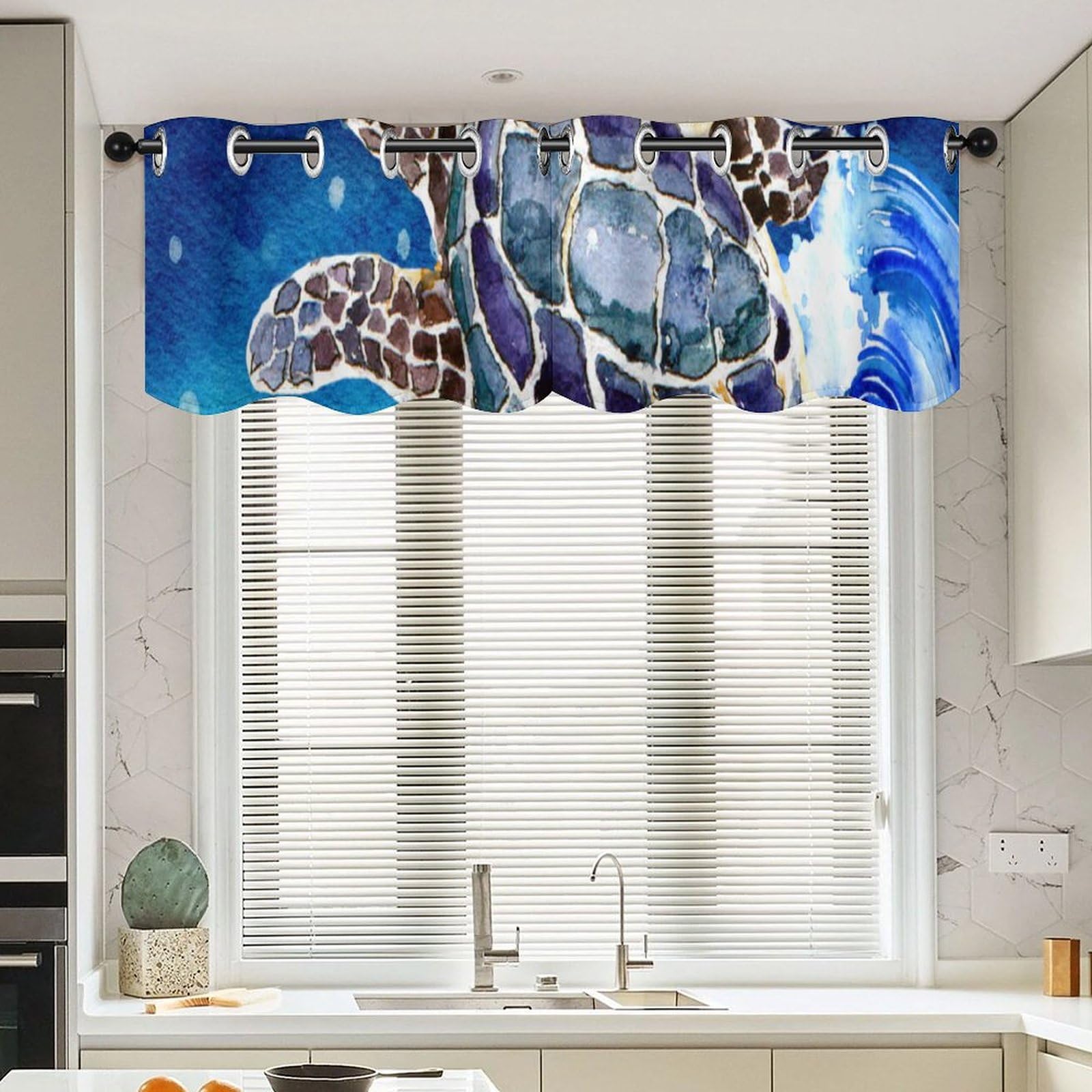 Cenefas de cocina con diseño de mar y tortuga marina para ventanas de estilo océano