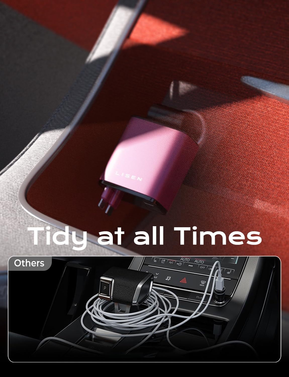 LISEN Retractable Car Charger, 84W Car Charger USB C Fast Charger Adapter, Car Accessories for Men Women, Gifts for Fathers Day for Men Dad Husband, for iPhone 17 16 15 14 13 12 Pro Max, Pink-Black view 6