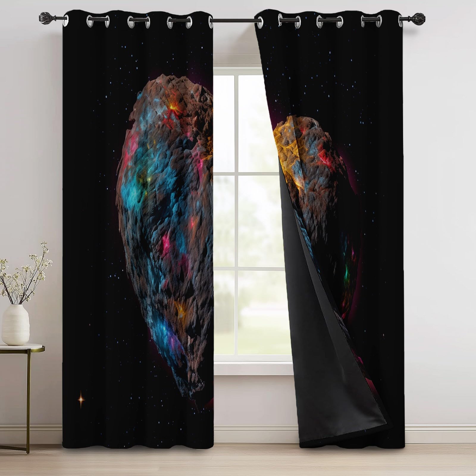 100% zasłony zaciemniające, fantazyjne meteoryty, gwiaździste niebo, 140 x 102 cm (2 panele) nadruk termiczny z przelotkami, oszczędność energii, zasłony zaciemniające do sypialni i salonu kolor