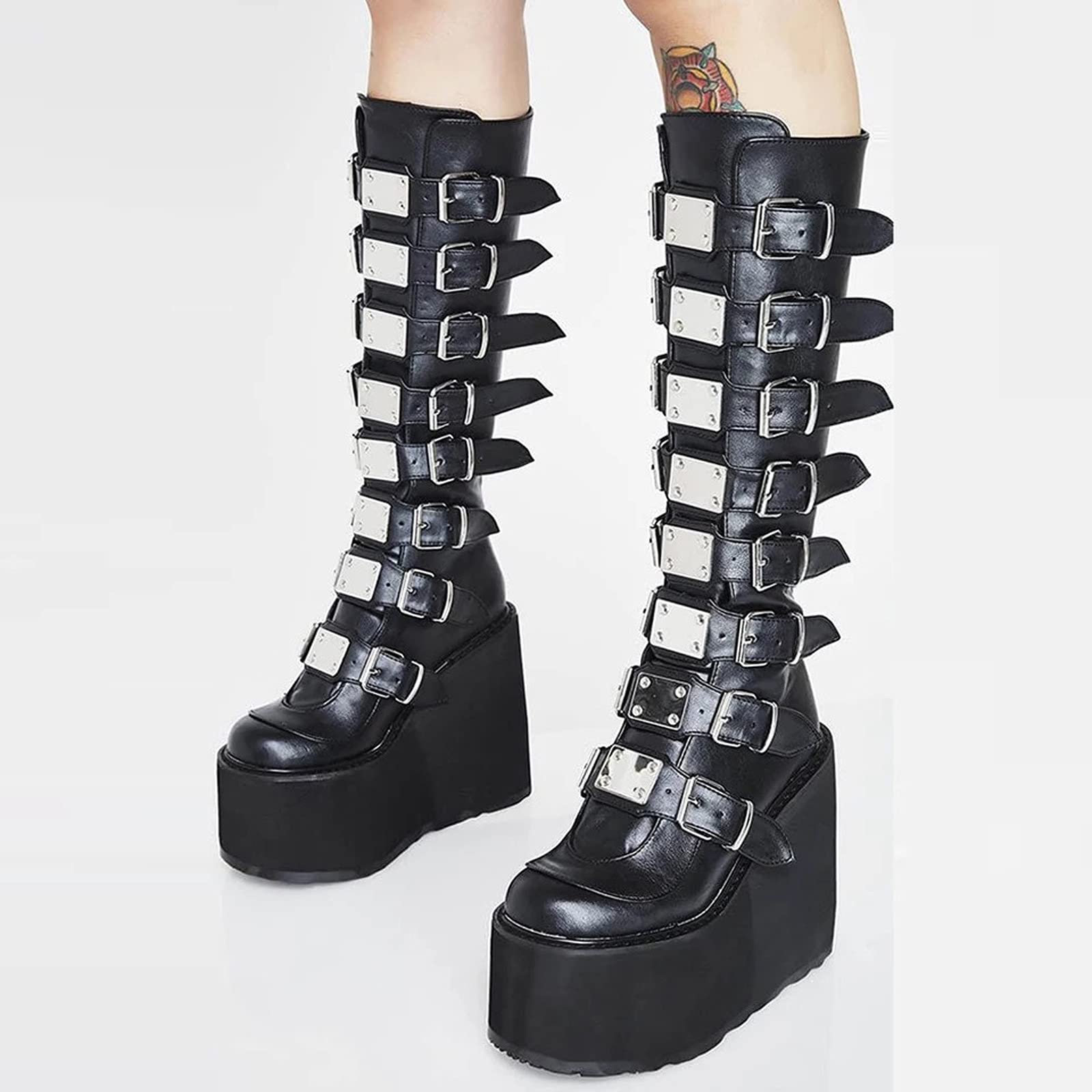 Yolimok Botines Plateau para mujer Botas militares estilo punk con plataforma Mujer Botas Plataforma cuña Zapato Señoras Nieve Botas de cuero punk gotico Invierno Cálidas Antideslizante Botas