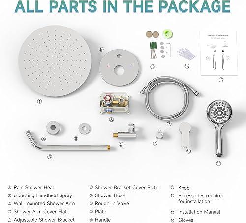 Miniatura 118 de SR SUN RISE Sistema de ducha – Sistema de cabezal de ducha de alta presión de 12 pulgadas – 6 ajustes de cabezal de ducha de mano – Juego de grifo