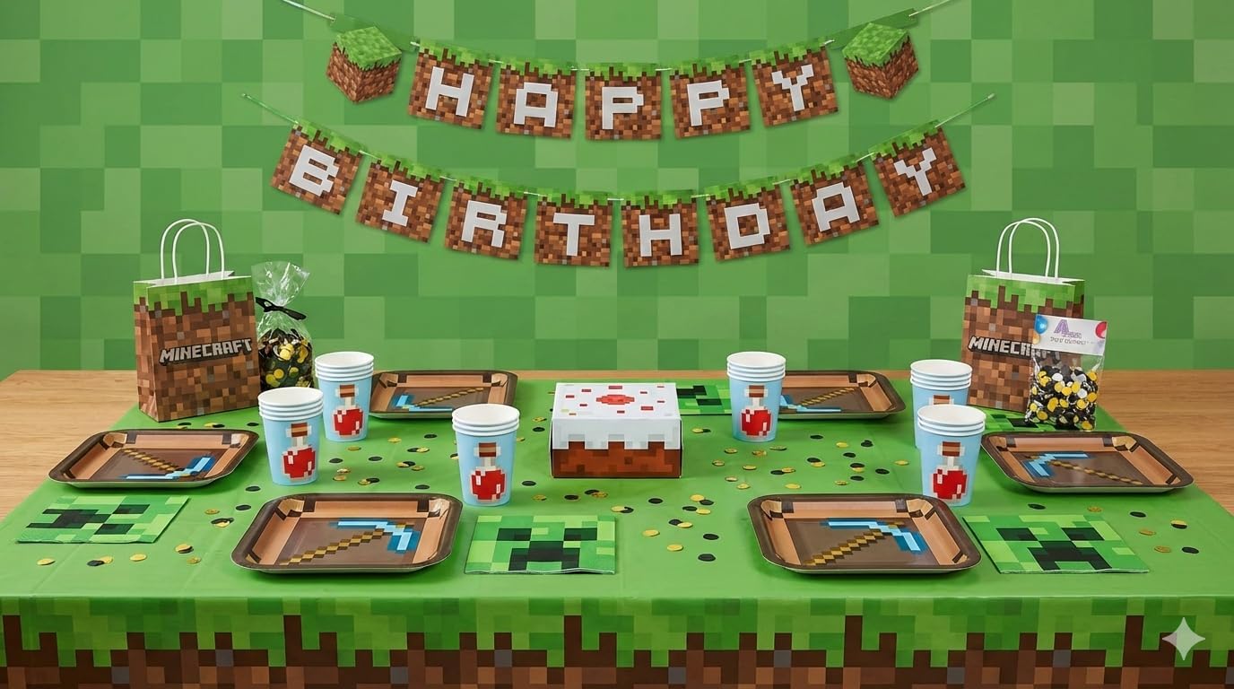 Minecraft Birthday Decorations – Pixel Video Game Birthday Party Set for 16 - Minecraft Party Supplies With Minecraft Plates and Napkins, Pixel Gamer Tableware - Minecraft Birthday Party Decorations