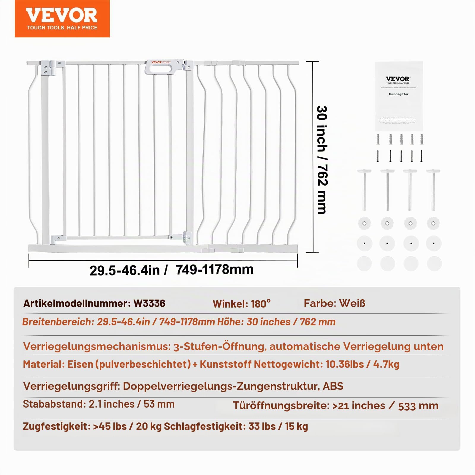 VEVOR Türschutzgitter, Absperrgitter Treppengitter, 749–1229mm Breitenbereich Kindergitter, Haustiergitter, Treppenschutzgitter, Beidseitig Schwenkbare Gitter 762mm Höhe, Weiße Babygitter ohne Bohren