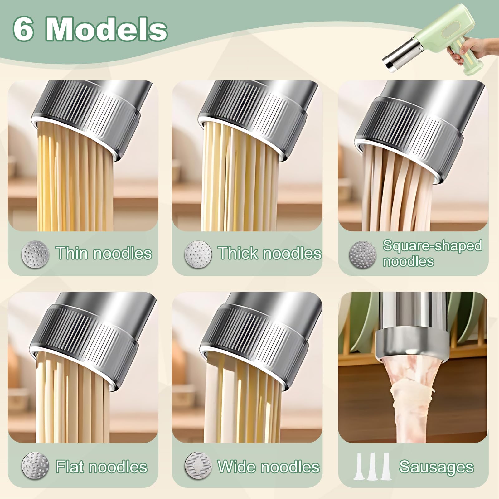 Machine à pâtes électrique, Presse à pâtes portable avec batterie 2600mAh, 5 moules à pâtes, 3 têtes à saucisses, spatule et verre doseur, Machine à pâtes automatique