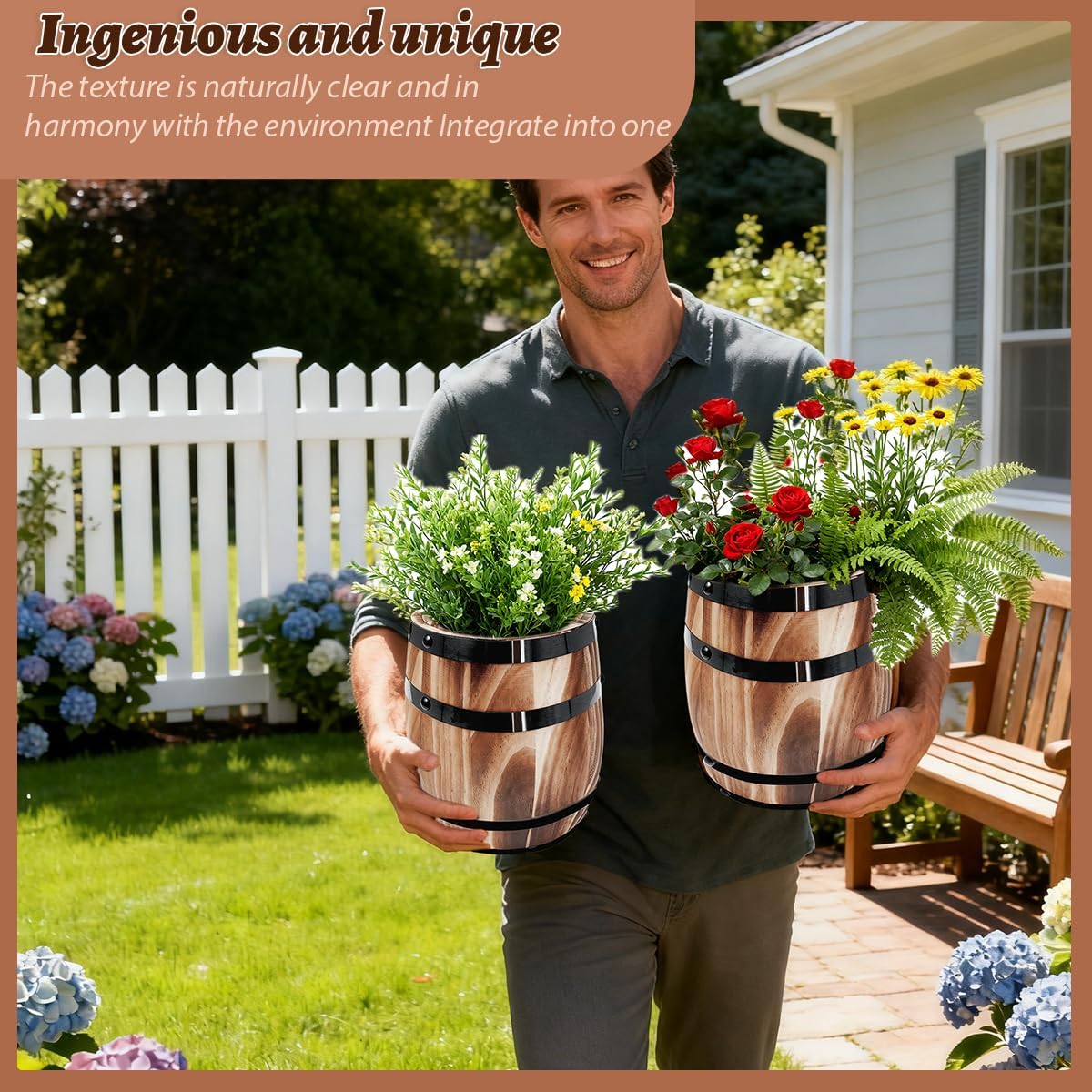 Sunmuliiiy2Pcs Wood Wine Barrel Vase 8" x 6.5" Rustic Wooden Flower Vase Rustic Barrel Barrel Planter for Wedding Reception Table Decoration Home Indoor Outdoor Garden, Kitchen, Party Table Decoration