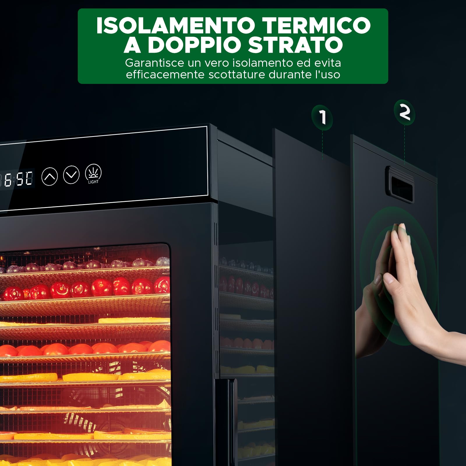 Kwasyo Essiccatore Alimentare 12 Vassoi in Acciaio Inox, Tutto Nero, Struttura a Doppio Strato, Grande Capacità, Essiccatore Commerciale per Frutta, Pesce, Verdure, Carne, Jerky, Erbe, 900W