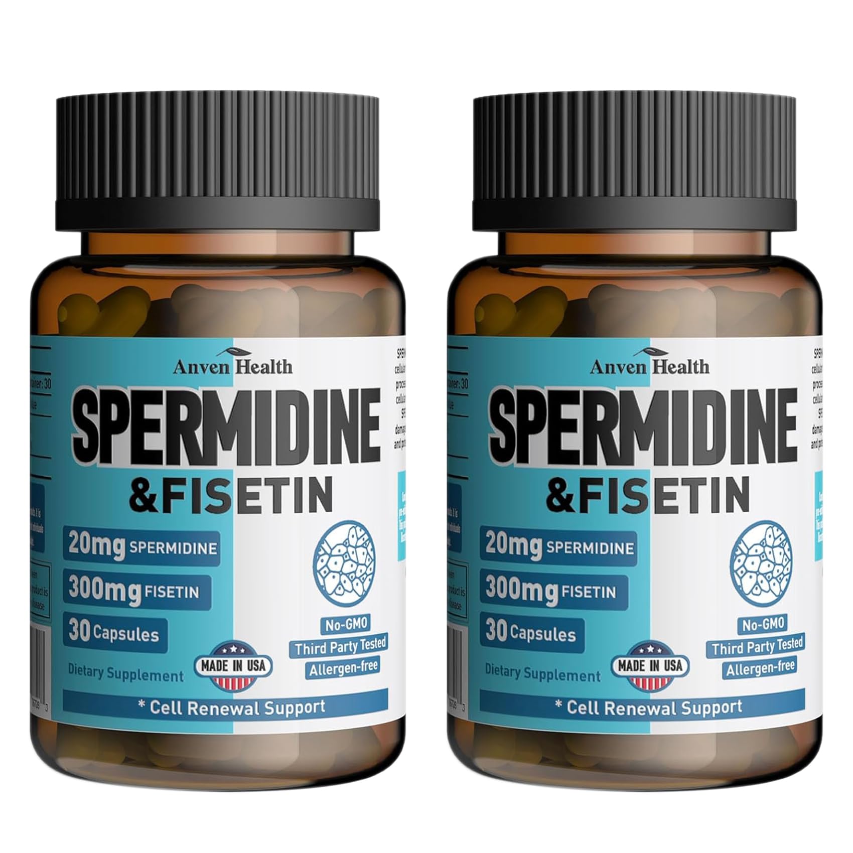 Spermidine & Fisetin Supplement - 20mg of 99% Spermidine Per Serving, 3HCL & 300mg Fisetin for Women Men Cell Renewal, Aging Defense & Longevity, Gluten Free, Non-GMO, Made in USA | 60 Veggie Caps