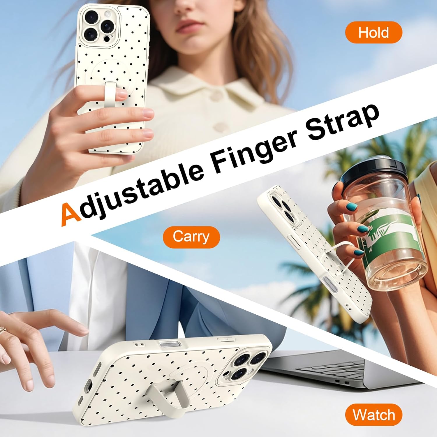 KANGHAR for iPhone 16 Pro Case, Cute Polka Dot Phone Cover with Kickstand & Adjustable Finger Strap, Full Camera Protection, Shockproof Protective Magnetic Cover - White - Image 3
