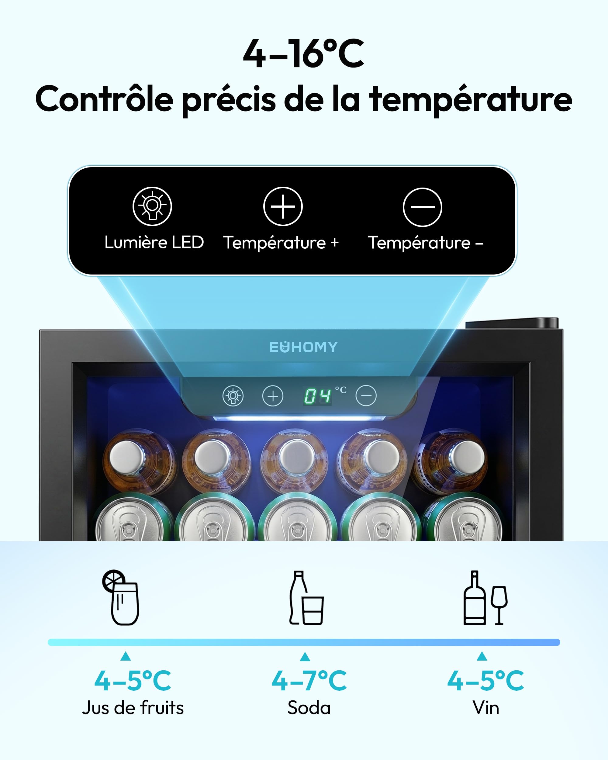 EUHOMY Réfrigérateur à Boissons 55 Canettes 36 L Silencieux 43 dB Porte Vitrée Noir