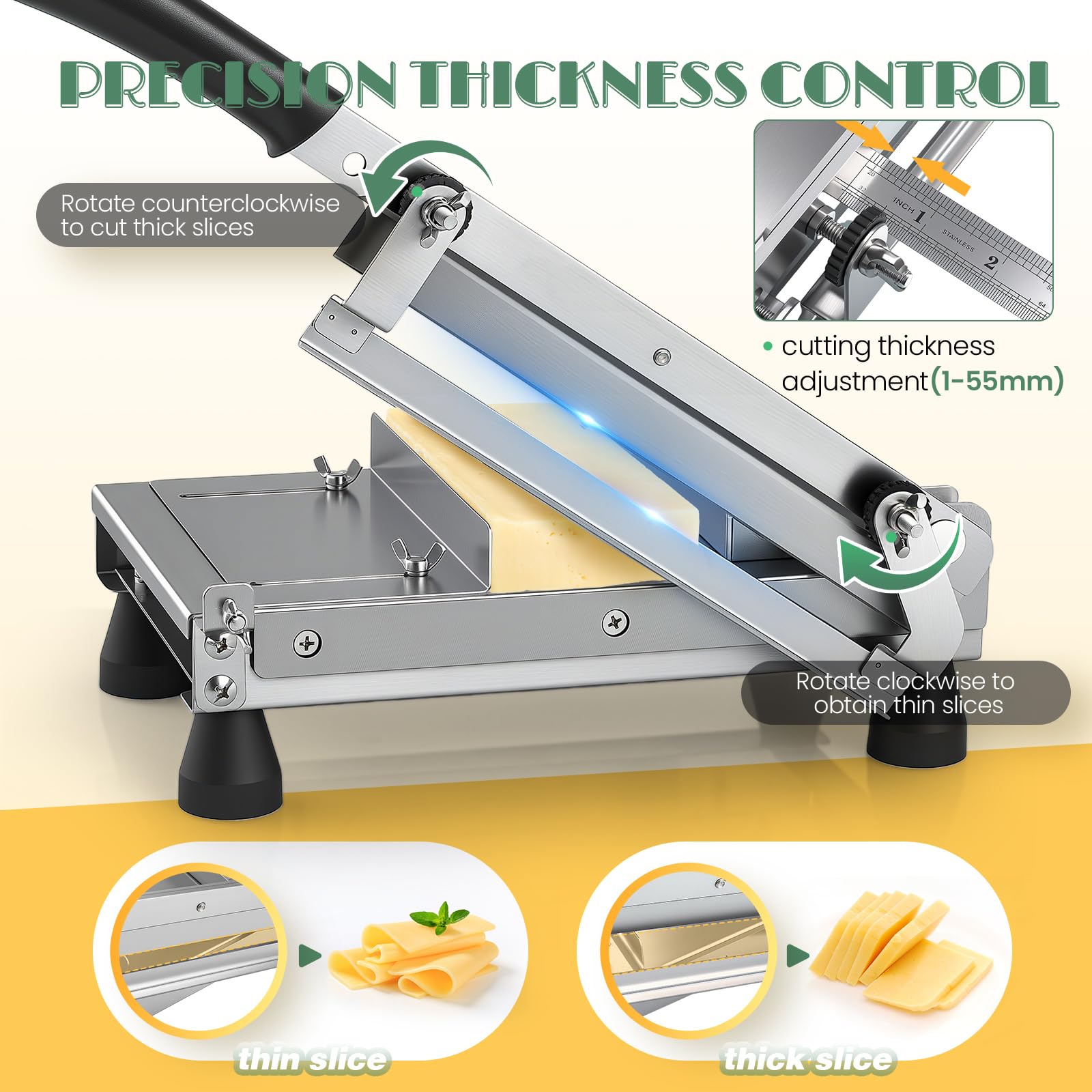 Huanyu Coupe fromage 1-55mm Epaisseur ajustable Coupe fromage pour bloc de fromage Trancheur alimentaire multifonctionnel pour beurre, pain, saucisse et légumes