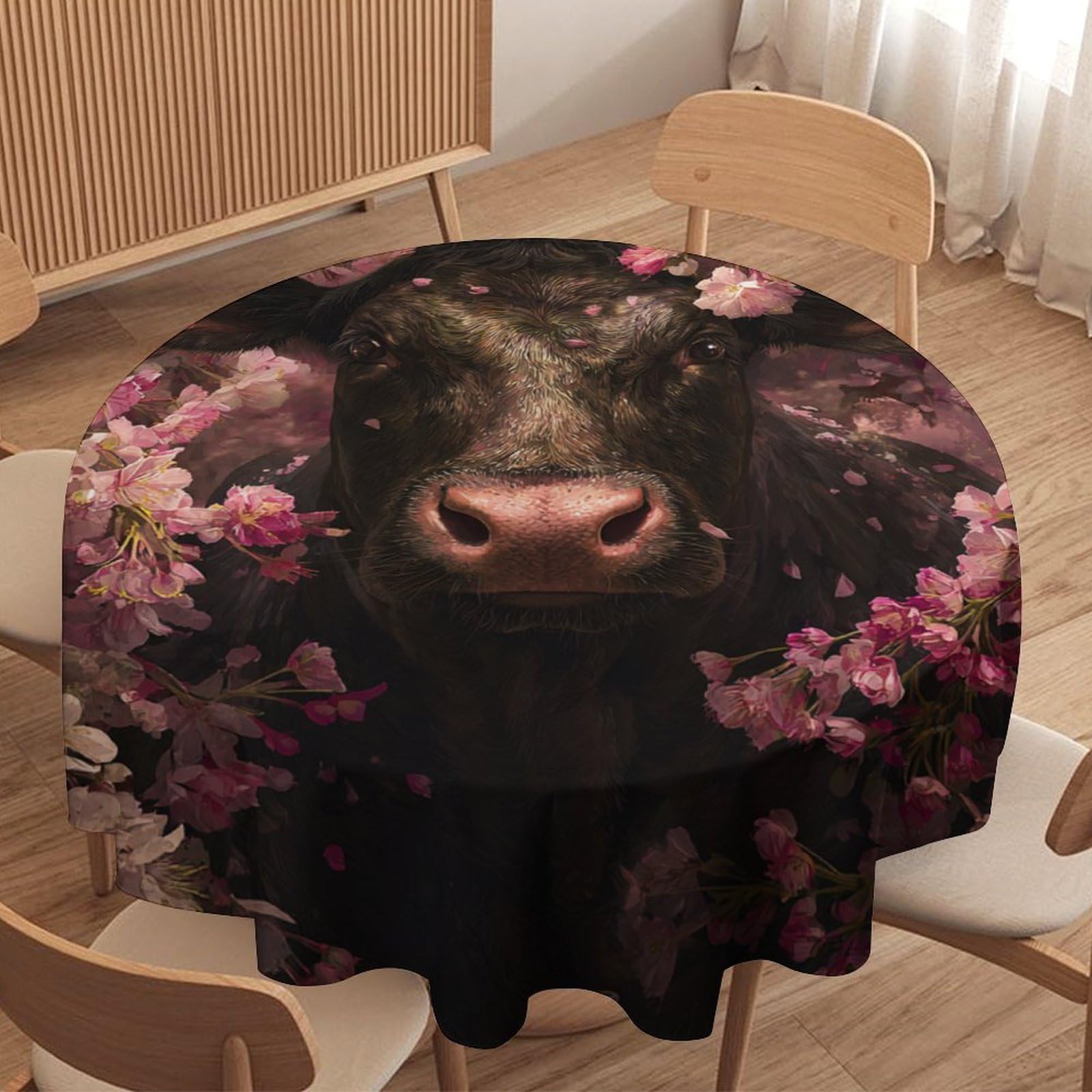 LUYYSKY Rustic Abstract Black Cow Waterproof Round Tablecloth Classic Colorful Plant Cherry Blossom Flowers Animals Cow Print Washable Table Cover for Kitchen-177.8" Wx177.8 L cm