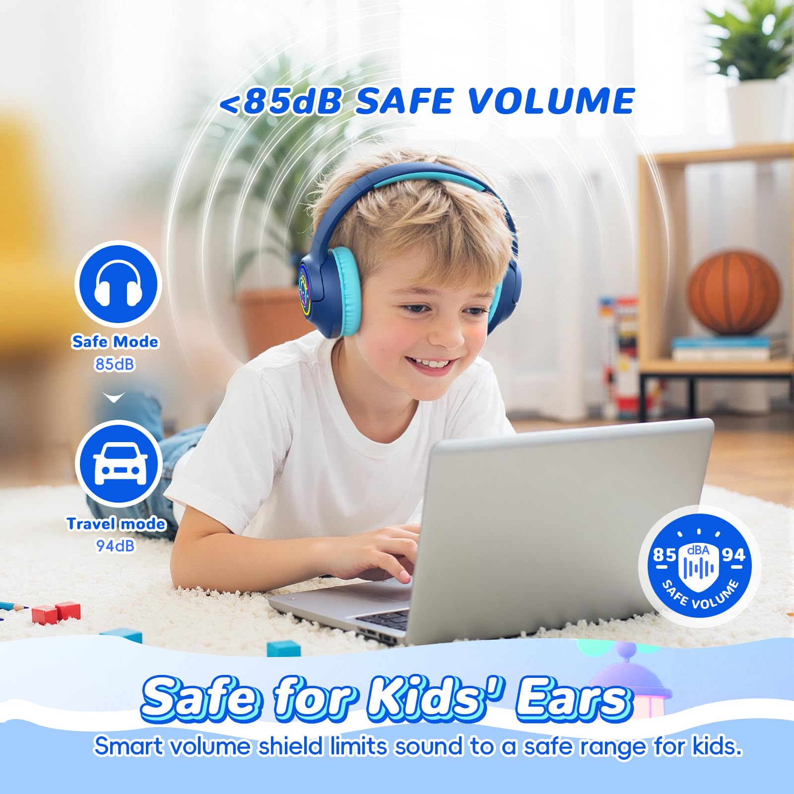 Auriculares Bluetooth para niños, 85 horas de reproducción, inalámbricos, luces LED coloridas, límite de volumen seguro de 85/94 dB, Bluetooth 5.4, micrófono integrado, auriculares para niños pequeños