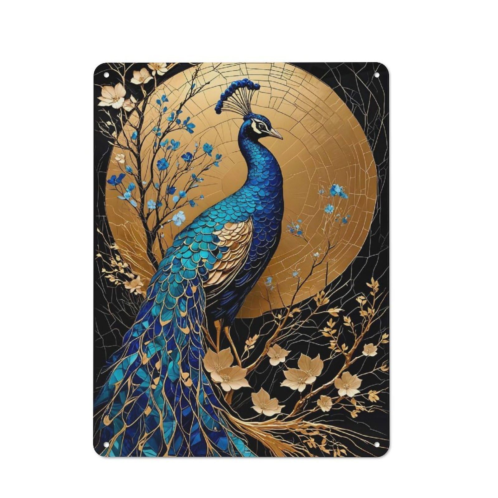 Peacock Kintsugi Art Decorative Metal Plaque 40x30cm, Modern Retro Urban Room Decor for Workspace, Cafe, Hallway Or Garage