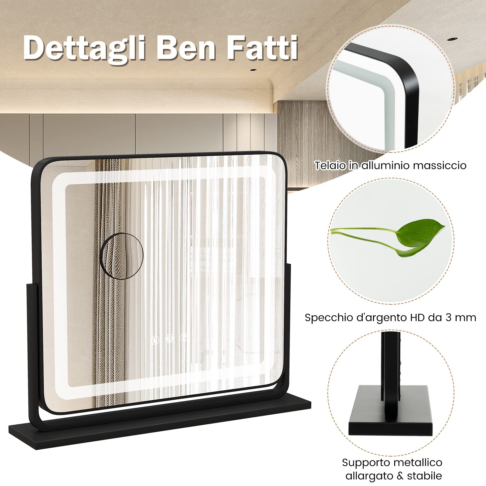 COSTWAY Specchio per Trucco, Specchio da Tavolo con luci LED a 3 Colori, Luminosità Regolabile e Controllo Intelligente a Sfioramento, Ruotabile a 360° con Ingrandimento 5X, 50x44 cm