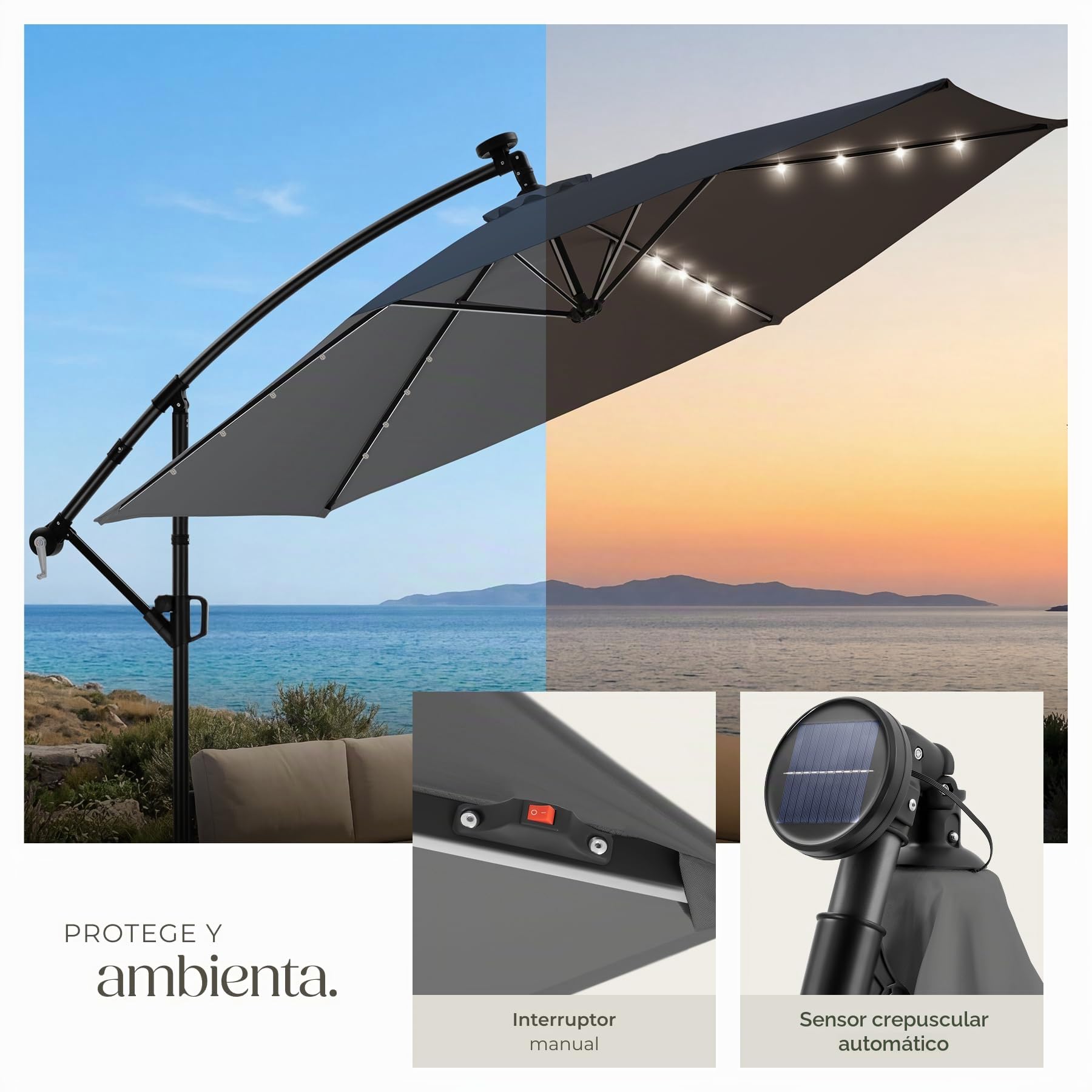 tectake® Sombrilla Terraza Exterior con Iluminacion Solar Led, Parasol Terraza Exterior y Jardin, Sombrillas Jardin Grandes Giratorio 360°, Doble Techo, Manivela, Inclinable - 3 x 3 m