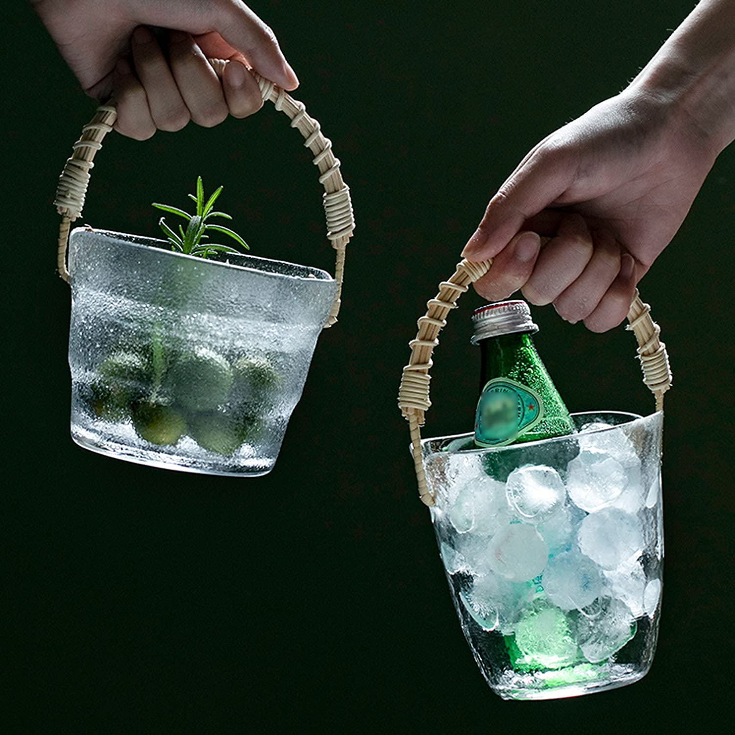 Cubo Cubo de Hielo con Tapa y Pinzas para Hielo Cubo de Hielo Botellas de Vino o champán Cubo de Cerveza Cubos de Hielo de Vidrio Transparente para el hogar con asa