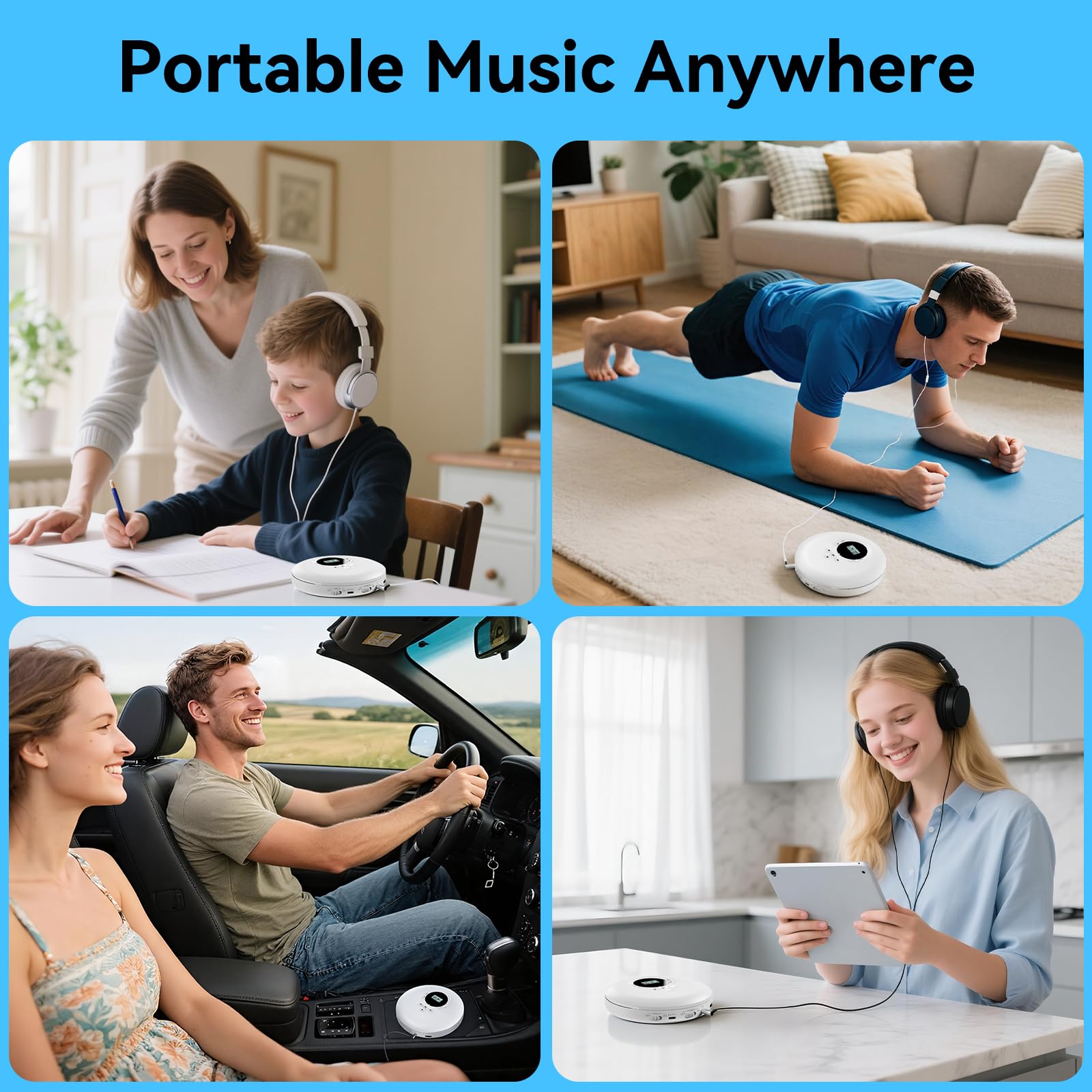 Gueray Lettore CD Portatile Lettori CD Personale con Cuffie Display LCD Anti-Skip Protezione HiFi Classico CD Lettores di Musica Memoria per Auto Casa-Bianco