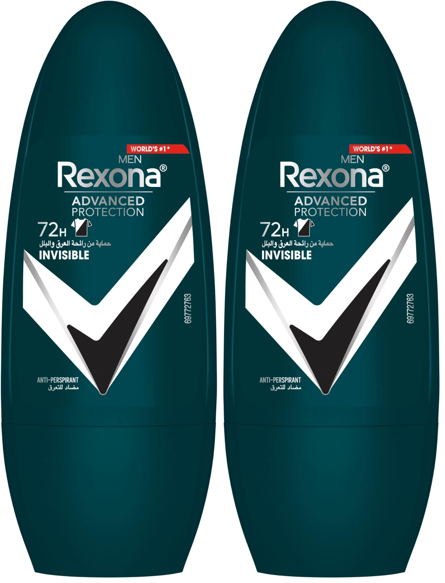 REXONA MEN Antiperspirant Deodorant Roll On, 72 hour sweat & odor protection*, Antibacterial + Invisible, with MotionSense technology, 50ml (Pack of 2)