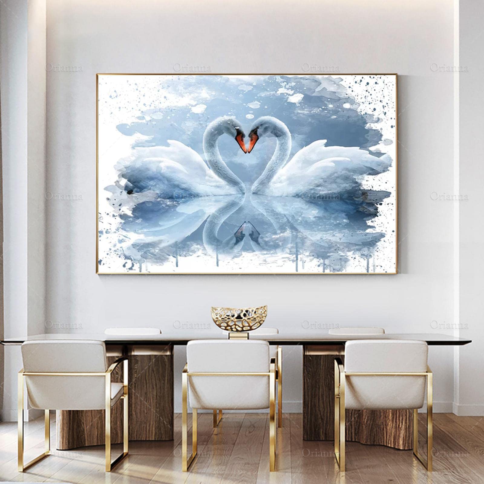 Amazon｜白鳥のキャンバスの絵画の壁の芸術のポスター湖の青美しい眺め