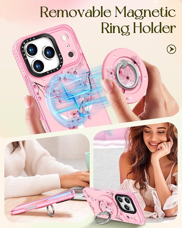 Lotadilo for iPhone 17 Pro Max Case Compatible with Magsafe Ring Holder Stand - for Women Peach Blossom Design TPU Phone Cover for Girls Girly Funny Fashion by Lotadilo - Used condition - Image 4