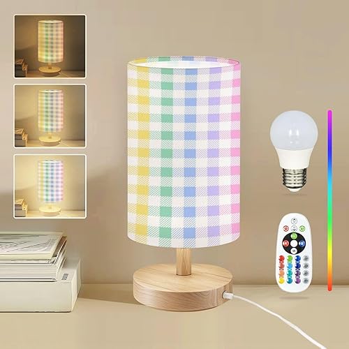 Lámpara de mesa redonda para dormitorio, arco iris, pastel, azul, morado, rosa, amarillo, verde, patrones de cuadros al lado de las lámparas de