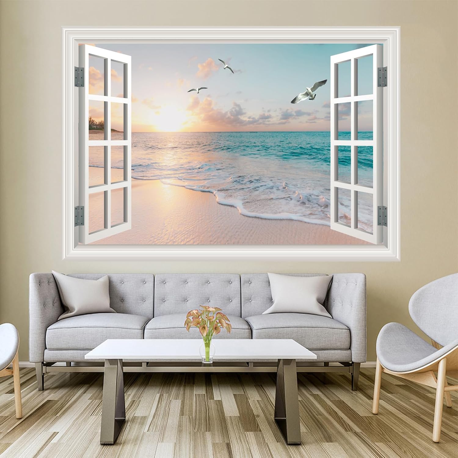 Large Murals 66"x48" Fake Window Wall Decal Summer Beach Seascape Faux Window Sticker Office Poster Picture Art Decor，Stick and Peel Natural Scenery Landscape Coastal Ocean Scene Mural