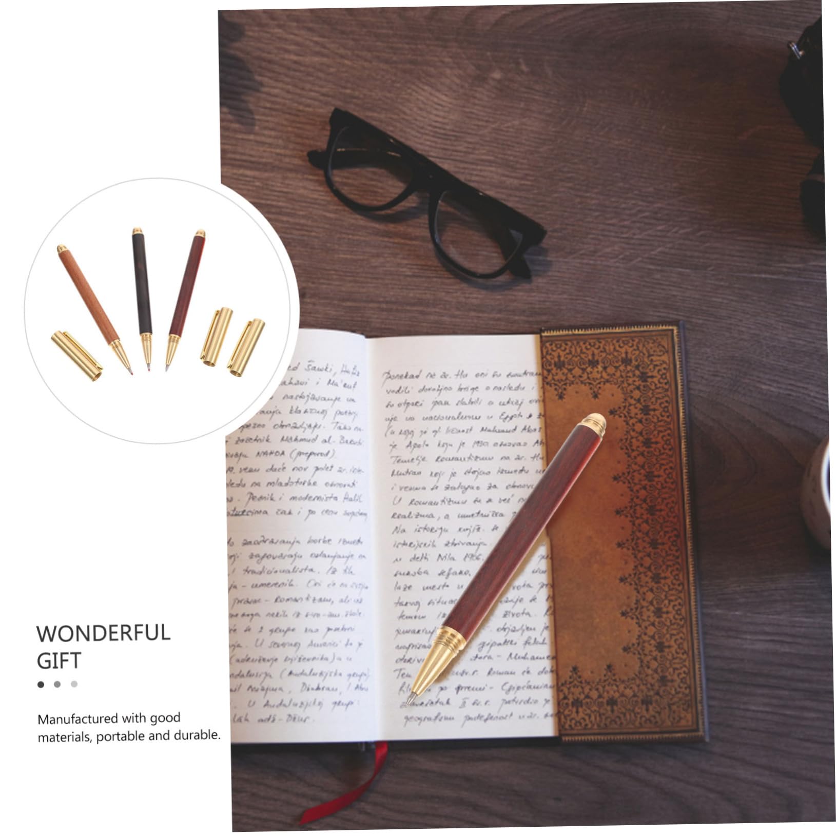 Stylo à Écrire en Bois Lot de 3, Pointe Fine, Laiton, pour Signature | Présent Rentrée, Portable, sans Rayer le Papier, pour Étudiants et Garçon et Filles
