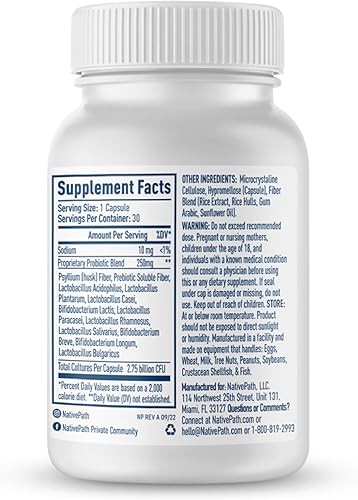 Miniatura 3 de NativePath Probiótico diario, suplemento de probióticos de mezcla personalizada de 10 cepas para hombres y mujeres, 82 mil millones de UFC, 45