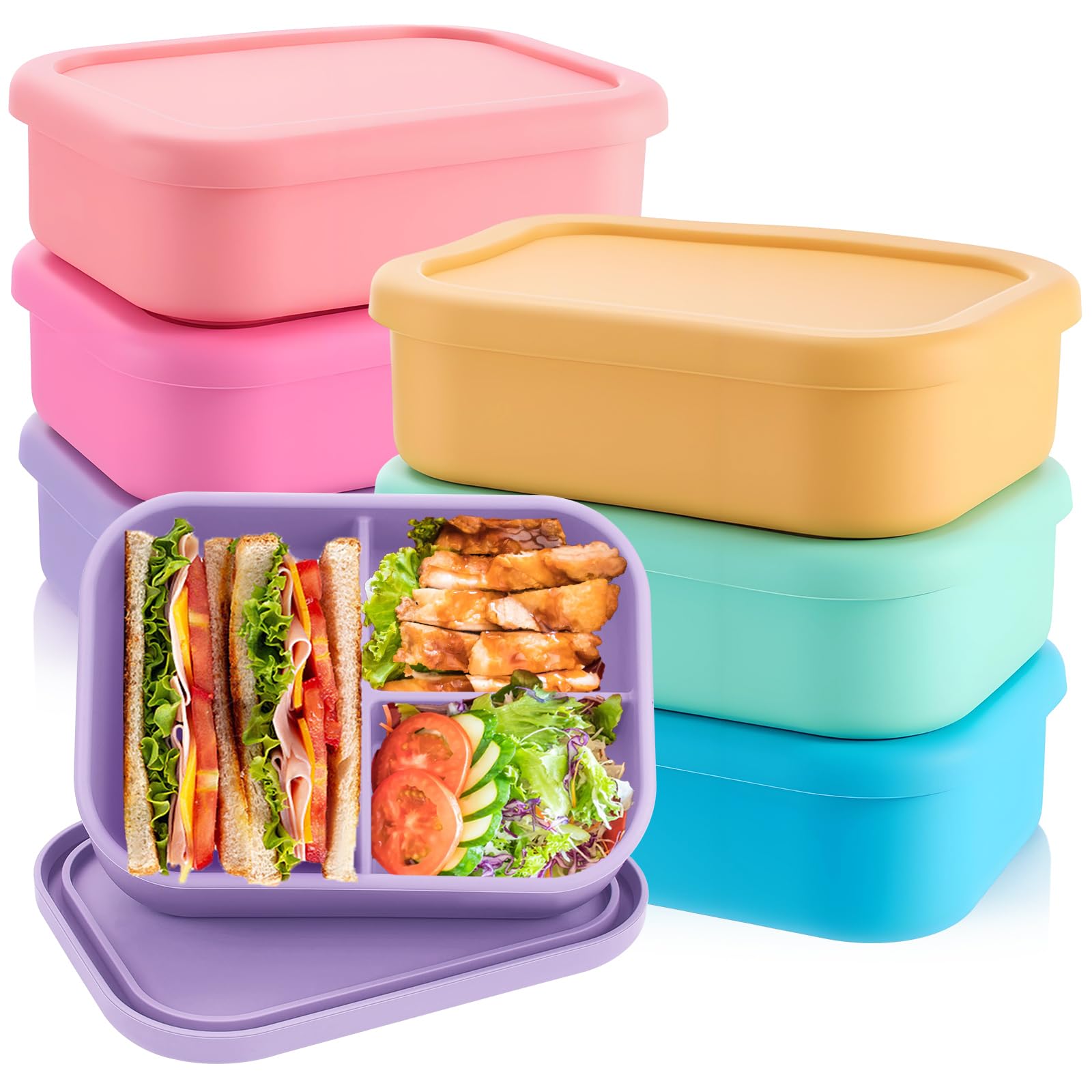 Layhit 6 Pcs Silicone Bento Box for Adults, 27 oz Bento Lunch Container Reusable Food Container for Women Men, Leak Proof Microwave Dishwasher Freezer Safe (3 Compartments,Fluorescent Multicolor)