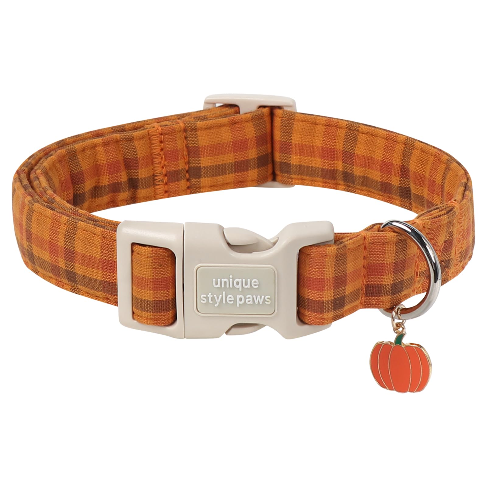 Unique style paws Autumn Dog Collar, Adjustable Cotton Dog Collar with Pumpkin Charm, Quick Release Buckle, Strong Metal D Ring, Brown Plaid Dog Collar for Small Medium Large Dogs