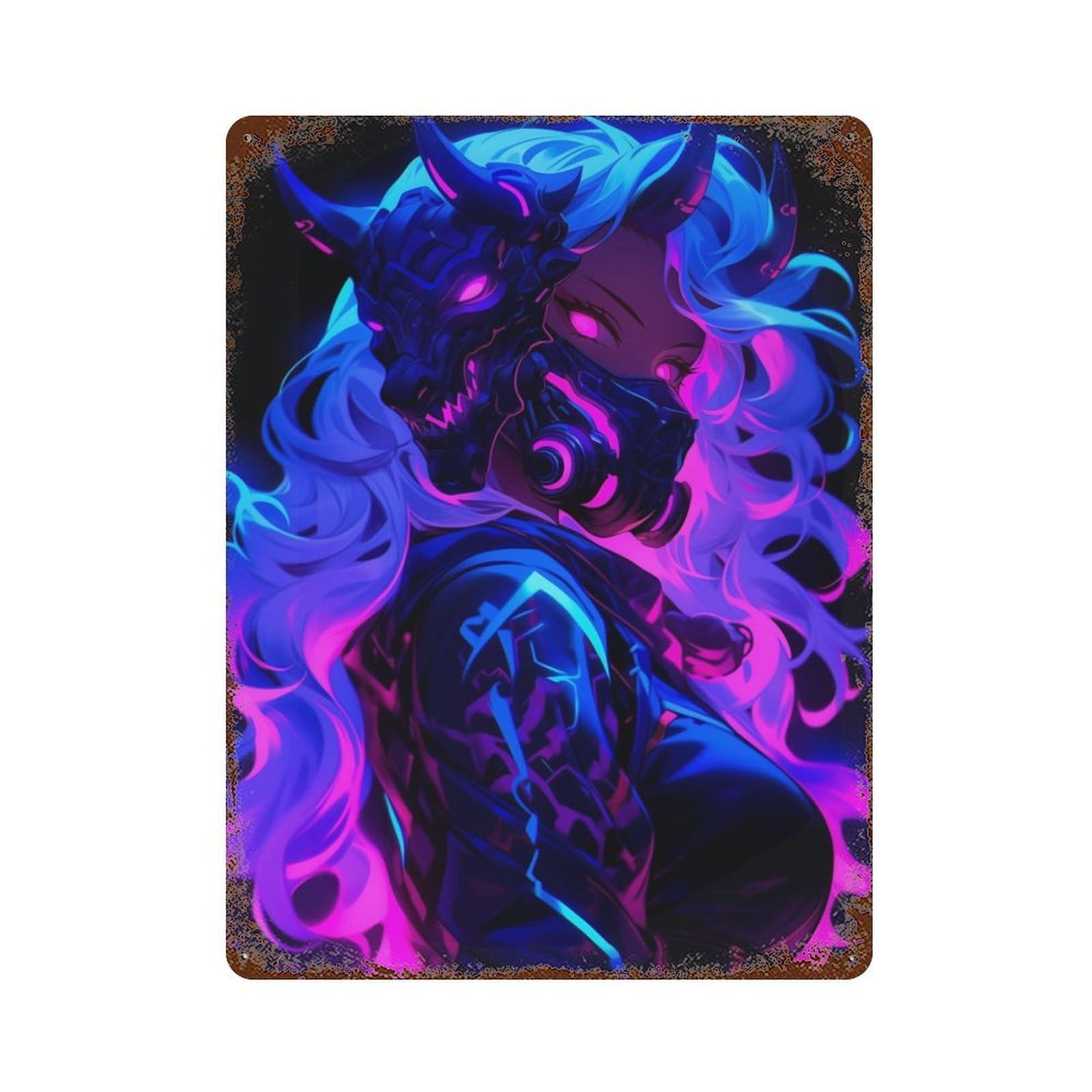 Cybergoth Anime Demon Girl Vintage Rust Metal Sign 15.7"x11.8", Ideal for Basement, Hobby Room And Garage Decor