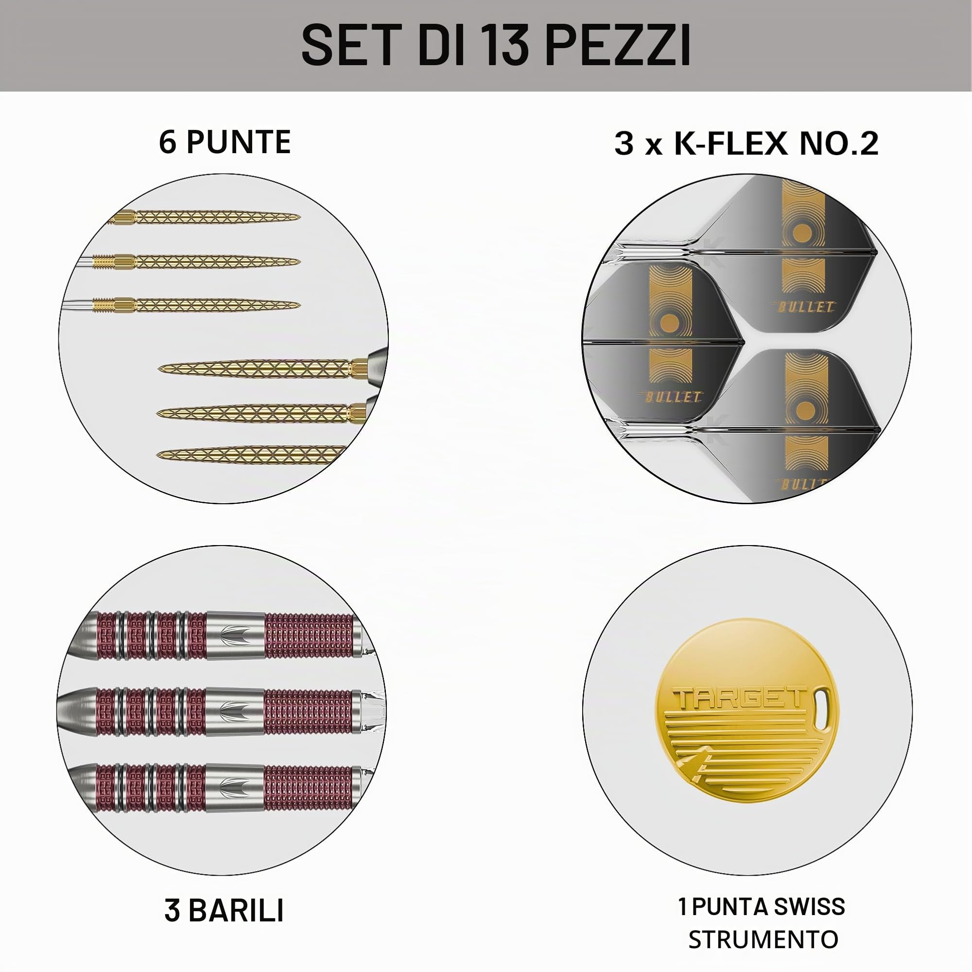 Target Darts Stephen Bunting 95K Set Dardi in Acciaio Swiss Point, 18G/22G/23G | Alette e Aste Kflex, The Bullet Player Edition Freccette al 95% di Tungsteno, Punte DX Dorate Ricambio Portachiavi