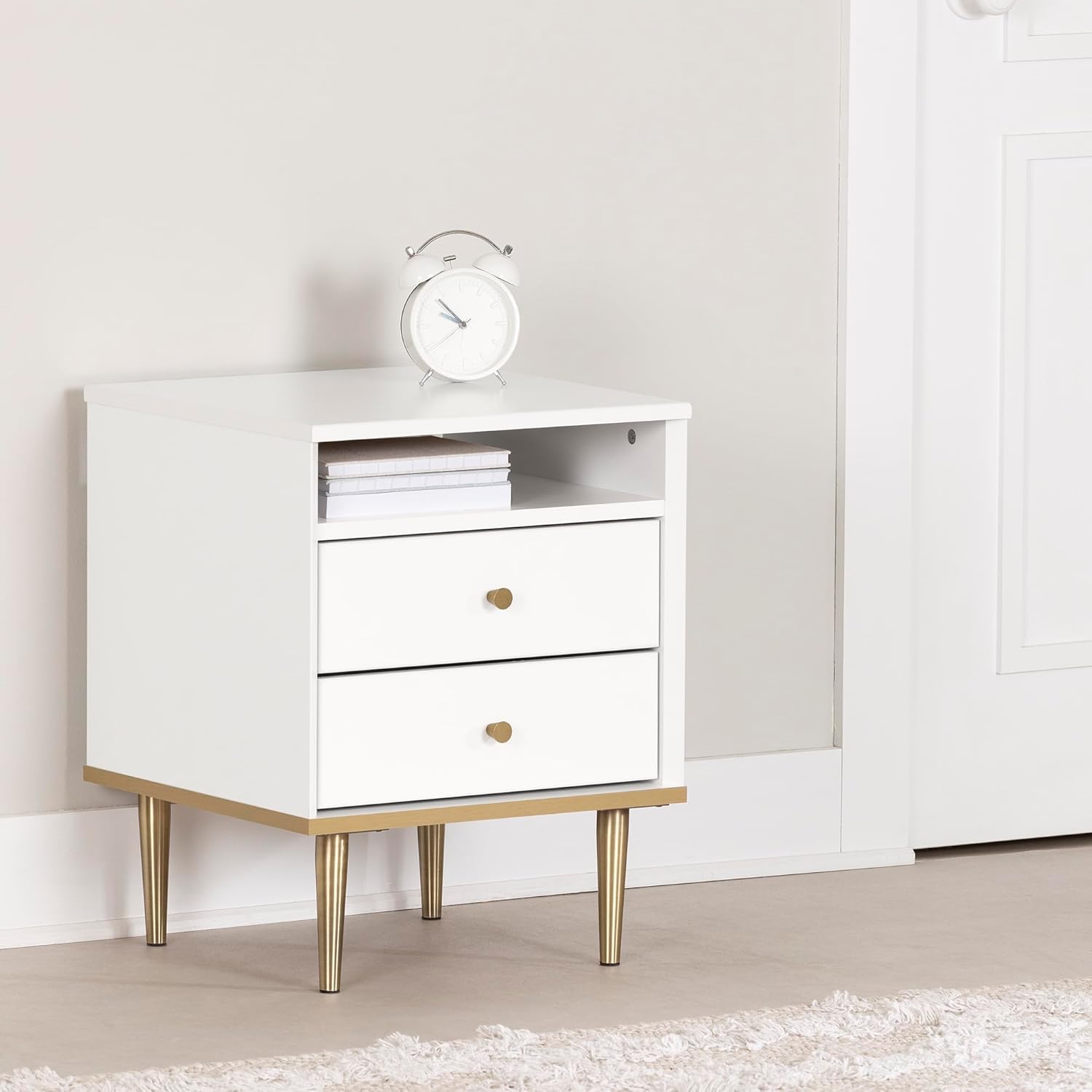South Shore Dylane 2-Drawer Nightstand Pure White, Mid-Century Glam