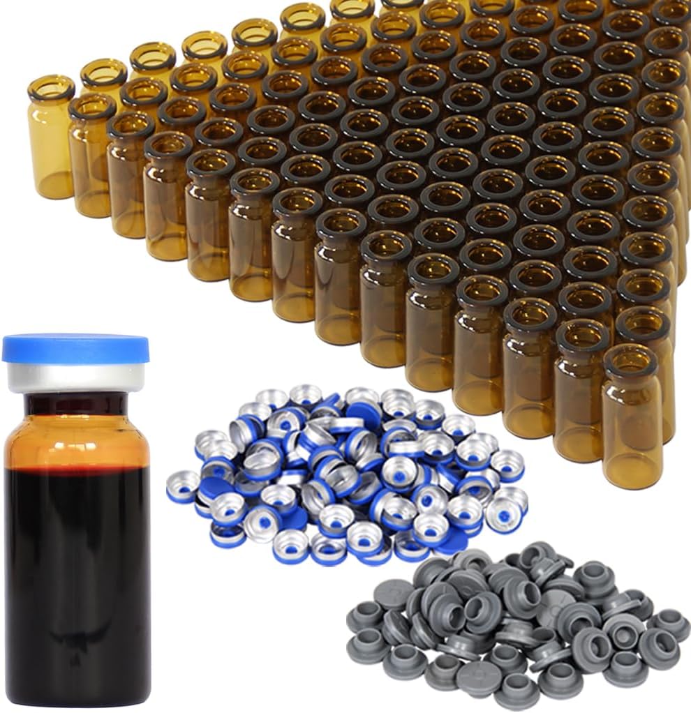10ml Amber Glass Headspace Vials with Plastic-Aluminum Flip Off Caps and Rubber Stoppers, 100 Pack, 20mm Flat Bottom Lab Vial