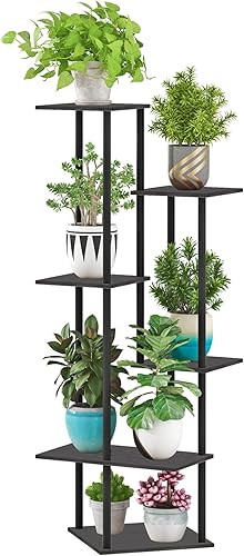 Soporte alto para plantas de interior, estante moderno de 6 niveles para múltiples plantas, soporte de flores de metal de madera para sala de estar,