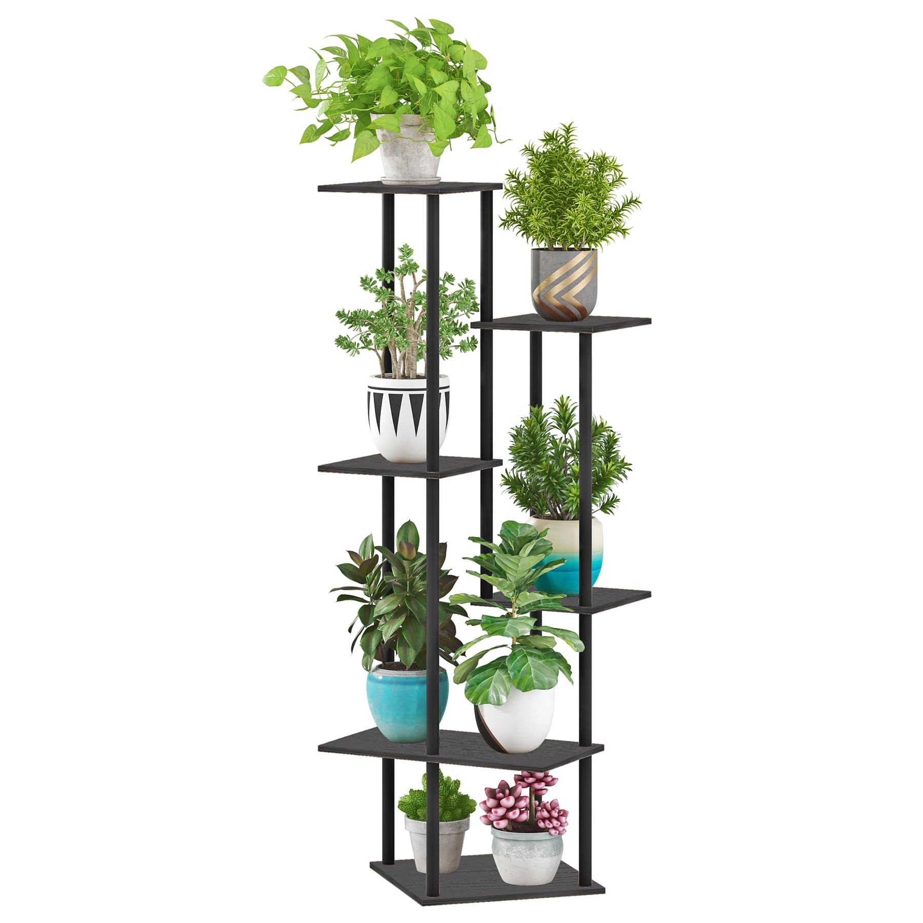 FONHAYE Tall Plant Stand Indoor, 6-Tier Modern Plant Shelf for Multiple Plants, Wood Metal Flower Holder for Living Room Balcony Bedroom, Black