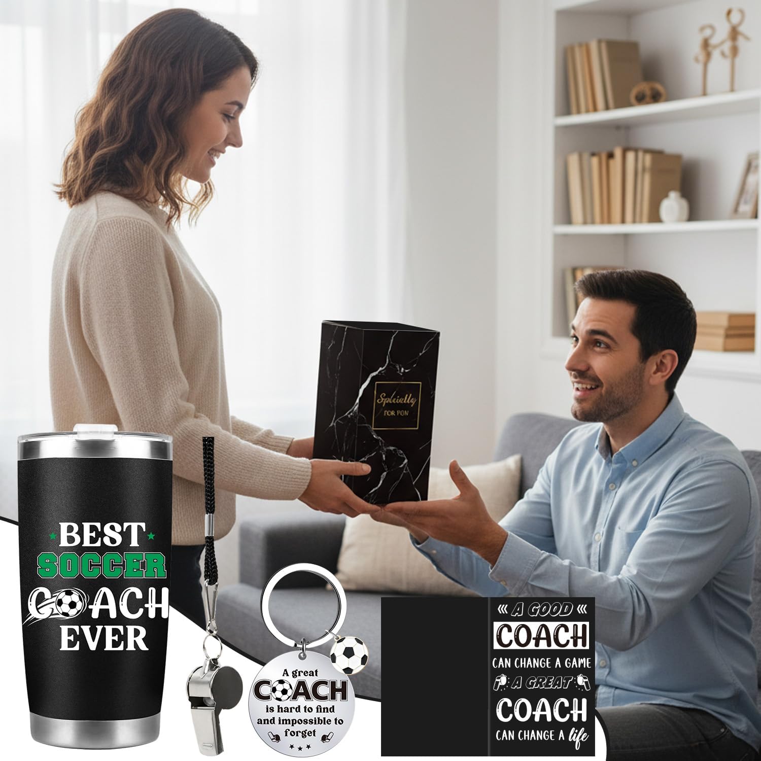 Keluna Soccer Coach Gifts for Men - Soccer Coach Appreciation Thank You Team Player Sports Lover Gift for Men Husband Brother Colleague Tumbler Cup Keychain Whistle Greeting Cards - Image 6