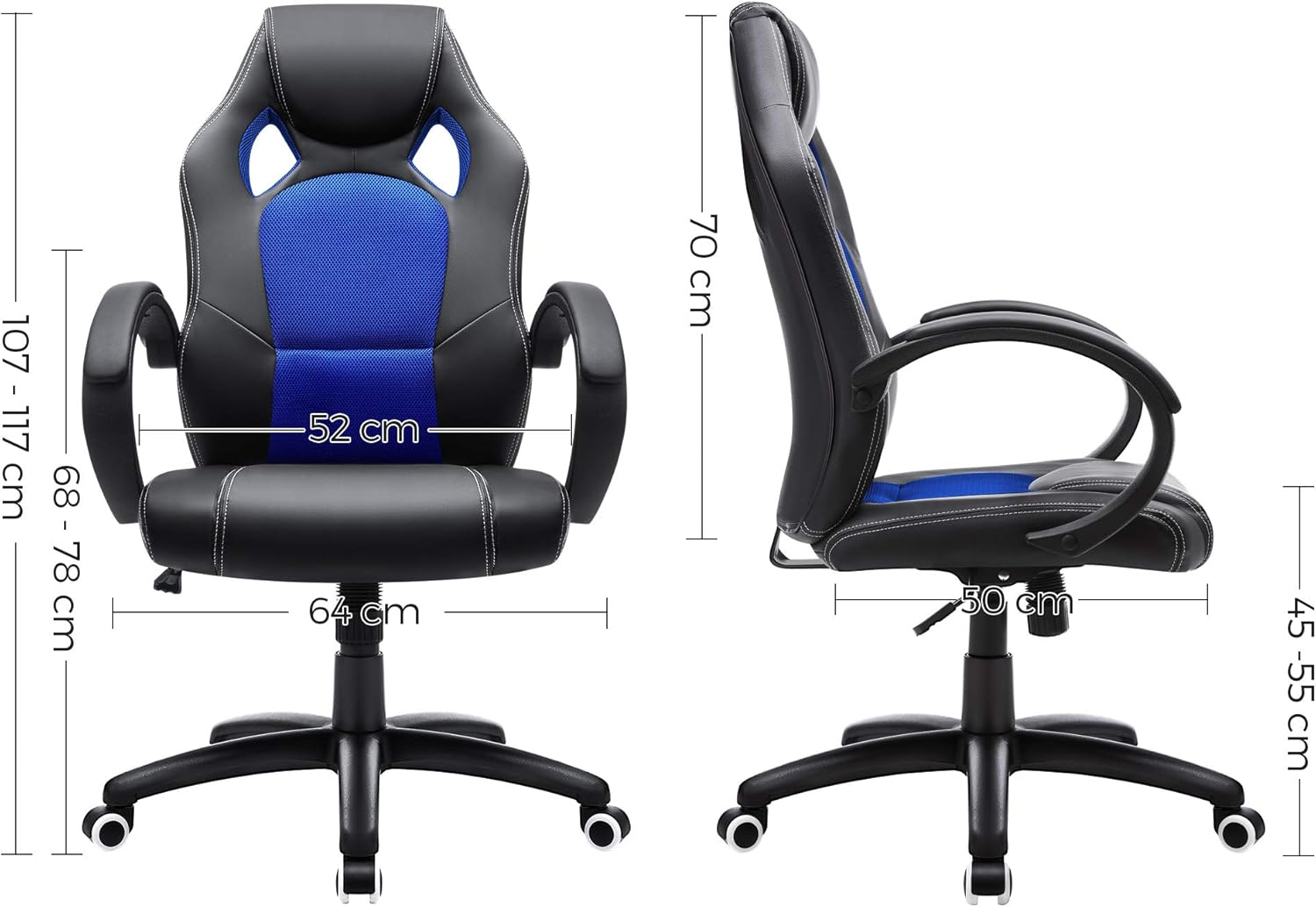 SONGMICS Sedia da Ufficio Girevole, Altezza Regolabile, Poltrona da Gaming, da Computer, con Meccanismo di Inclinazione, Nero e Blu OBG56L - Immagine 5