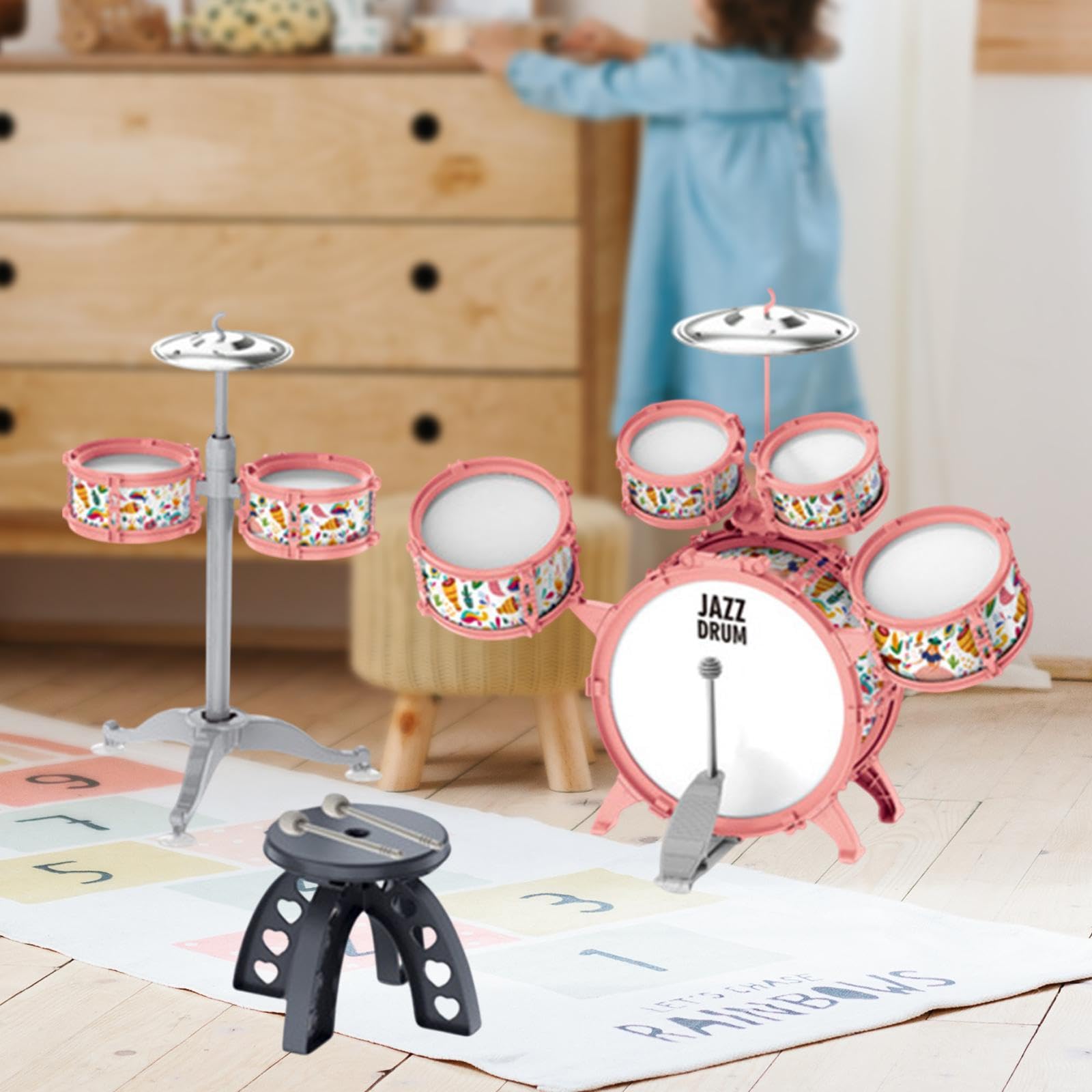 Batterie pour Enfants avec Cymbales pour La Pratique et L'apprentissage, Rose