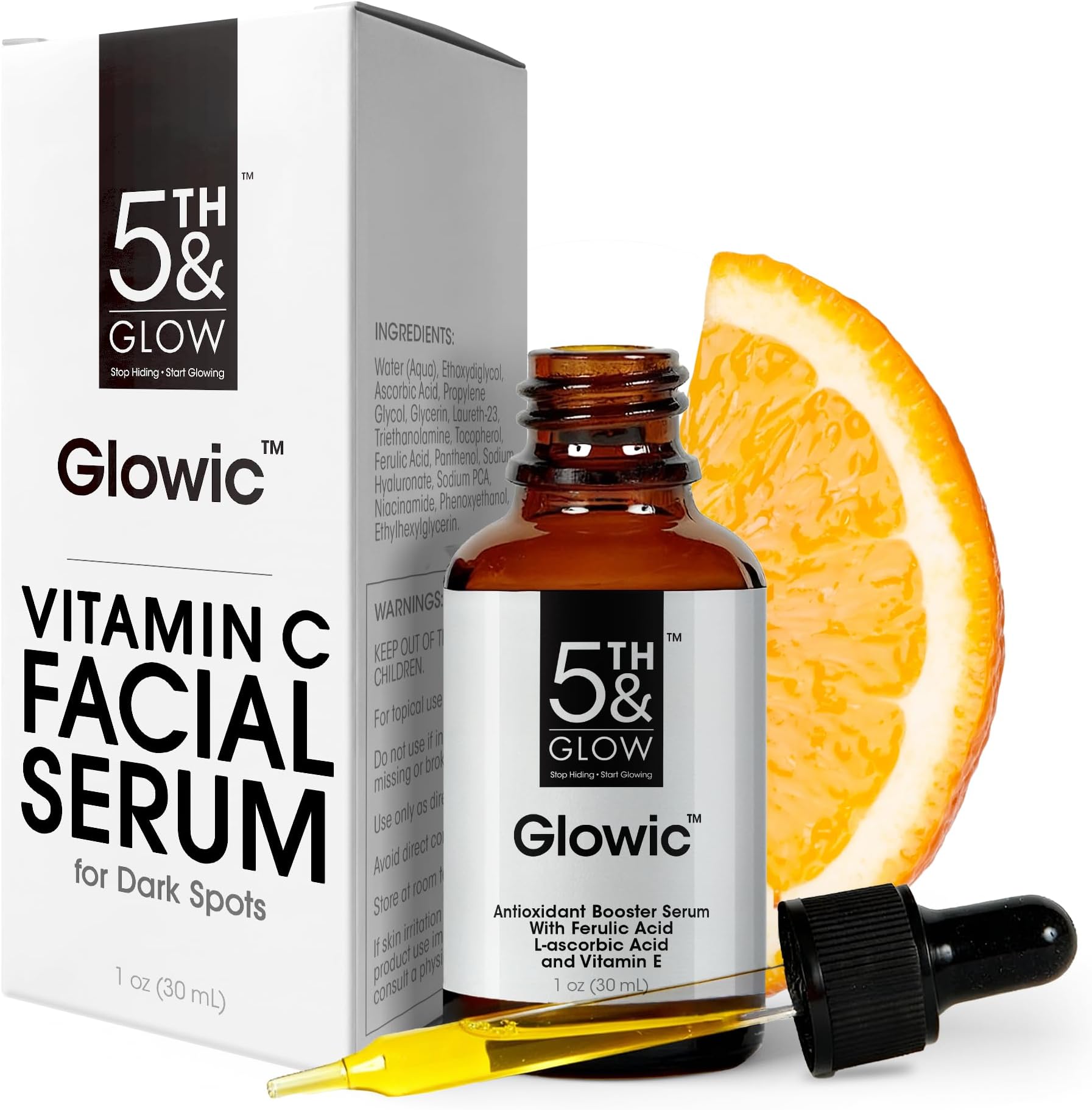 Glowic - Vitamin C Serum With Hyaluronic Acid - Anti-Aging Dark Spot Remover for Face - Hydrates, Brightens & Reduces Fine Lines & Wrinkles - Dark Spots Correcting Skin Glow Serum For Women - 1oz