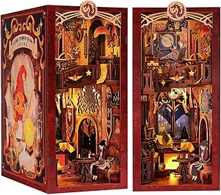 CUTEBEE DIY Book Nook Kit with Dust Cover, DIY Wooden Miniature House Kit Bookshelf Insert Booknook Bookend Stand Bookcase Model Build Creativity Kit Decor Alley with LED Light (Flame Common Room)